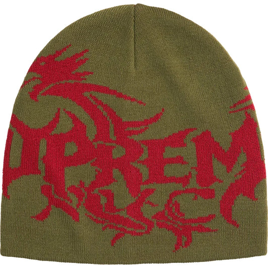Supreme Dragon beanie in olive with a red knit dragon wrapped around Supreme NYC lettering