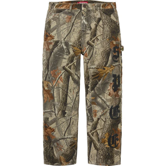 Supreme Realtree Camo Double Knee Painter Pants front view showing the double knee panels and hammer loop
