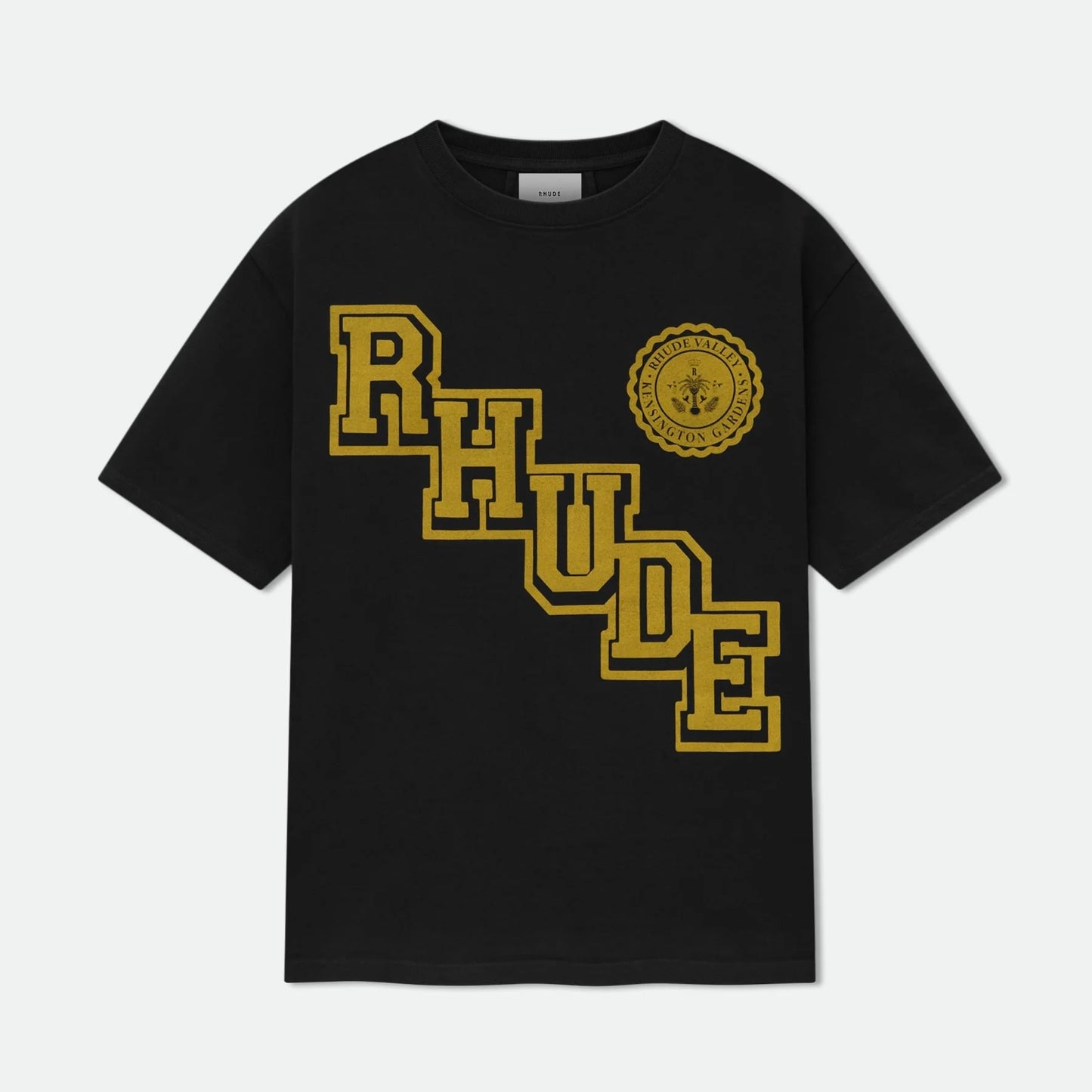 Rhude Vintage Black Yellow Collegiate Crest T-Shirt
