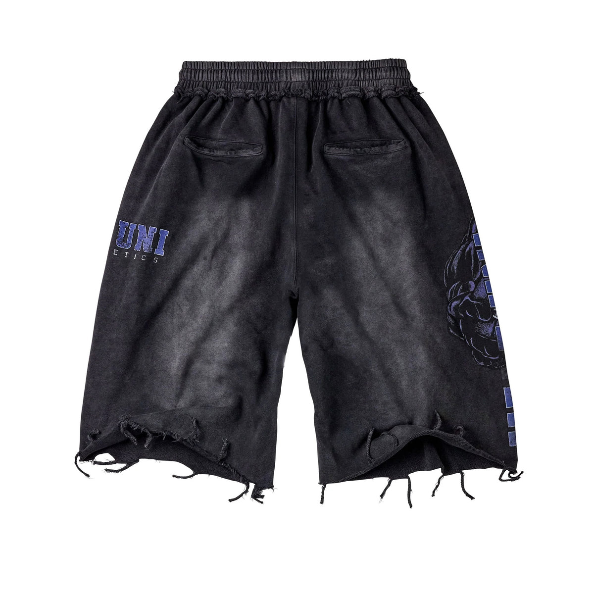 Vale Football Kountry Shorts back view with purple VSU lettering and frayed hems