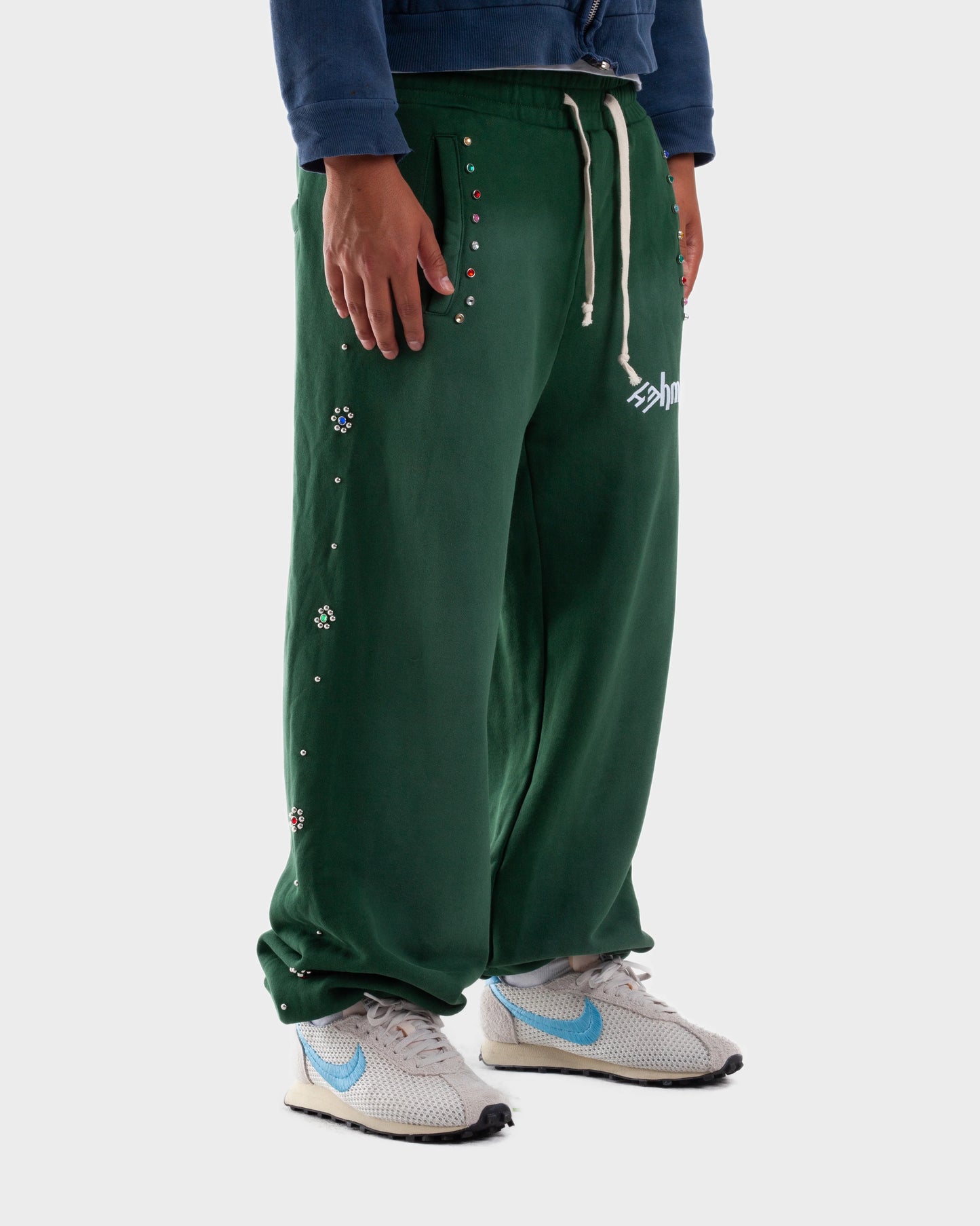 HMDD Green Flower Studded Scrunch Sweatpants