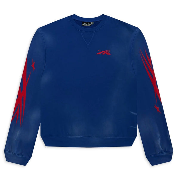 Hellstar Sports Blue Red Core Logo Crewneck, front of the faded royal blue sweatshirt with a small red chest logo and red flames