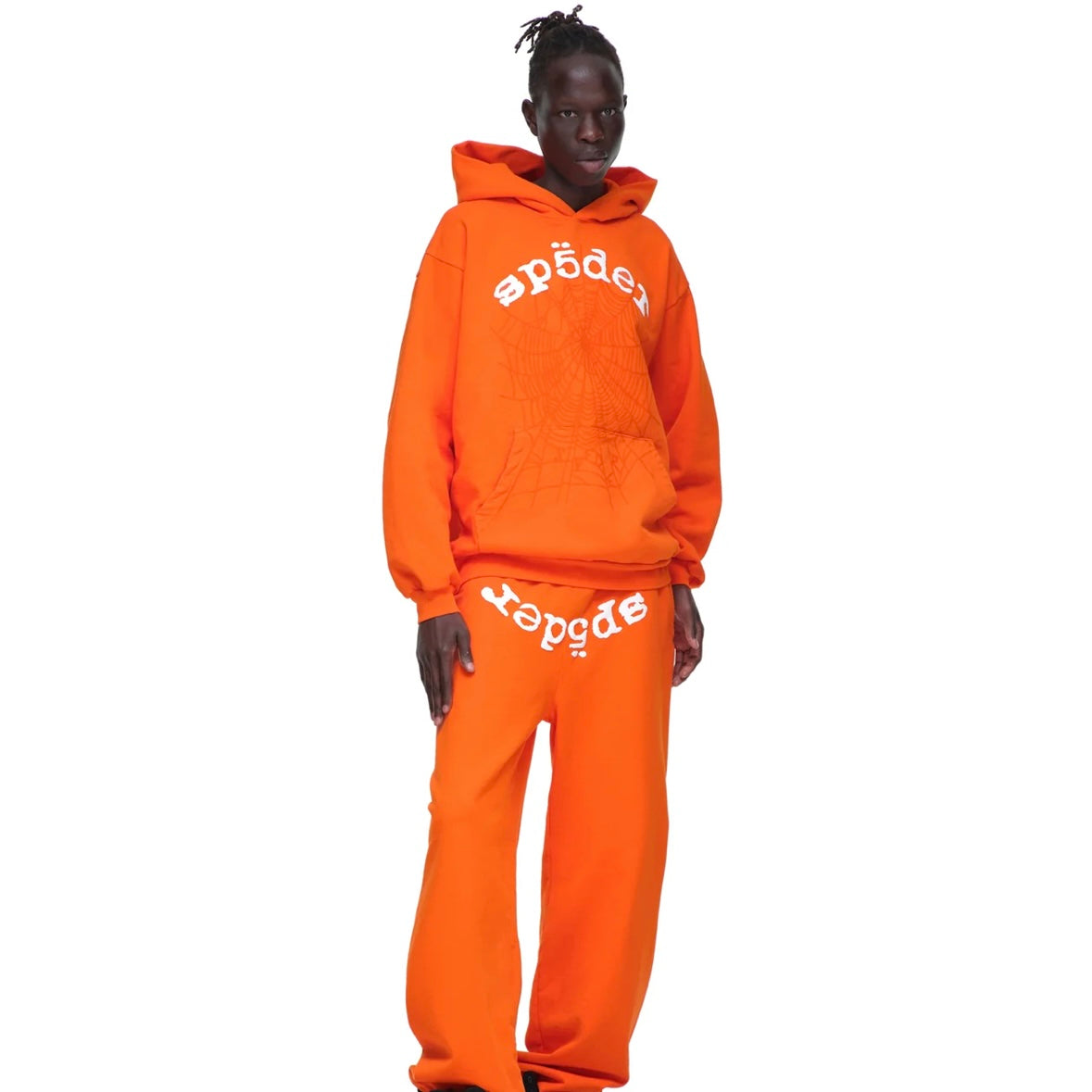 Sp5der Orange White Legacy Hoodie On Body Full Outfit