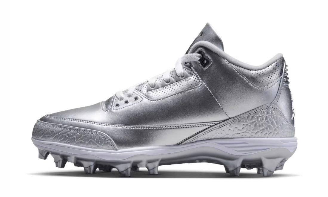 Jordan 3 Mid TD Metallic Silver Football Cleats lateral profile — elephant-print toe and heel wrap, cleat plate
