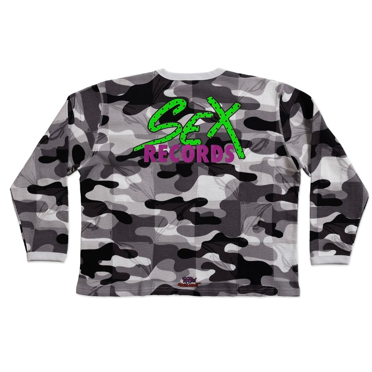 Matty Boy Snow Camo Sex Records Thermal — reverse face with the large SEX RECORDS print and RoTTEN MANAGEMENT hem hit