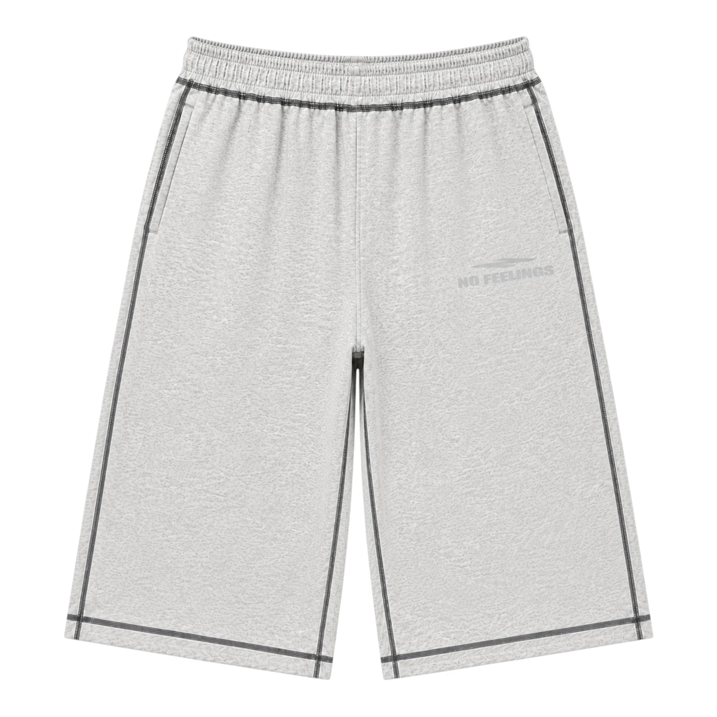 No Feelings Grey Stitch 3/4 Shorts, front view of heather grey shorts cut below the knee with contrast dark stitching down the side seams and a tonal No Feelings print
