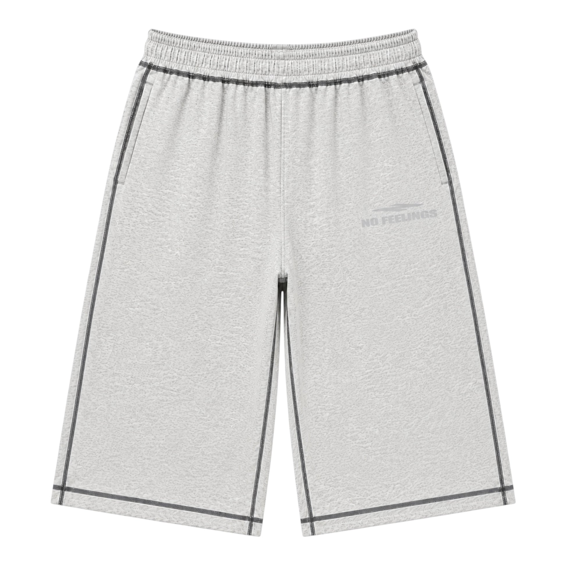 No Feelings Grey Stitch 3/4 Shorts, front view of heather grey shorts cut below the knee with contrast dark stitching down the side seams and a tonal No Feelings print