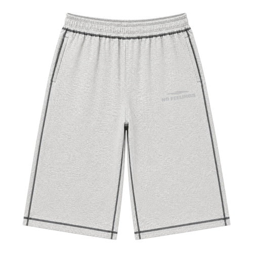 No Feelings Grey Stitch 3/4 Shorts, front view of heather grey shorts cut below the knee with contrast dark stitching down the side seams and a tonal No Feelings print