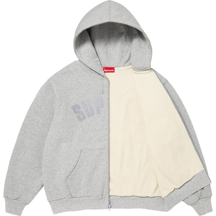 Heather grey Supreme Arc Thermal zip hoodie unzipped to show the cream thermal lining