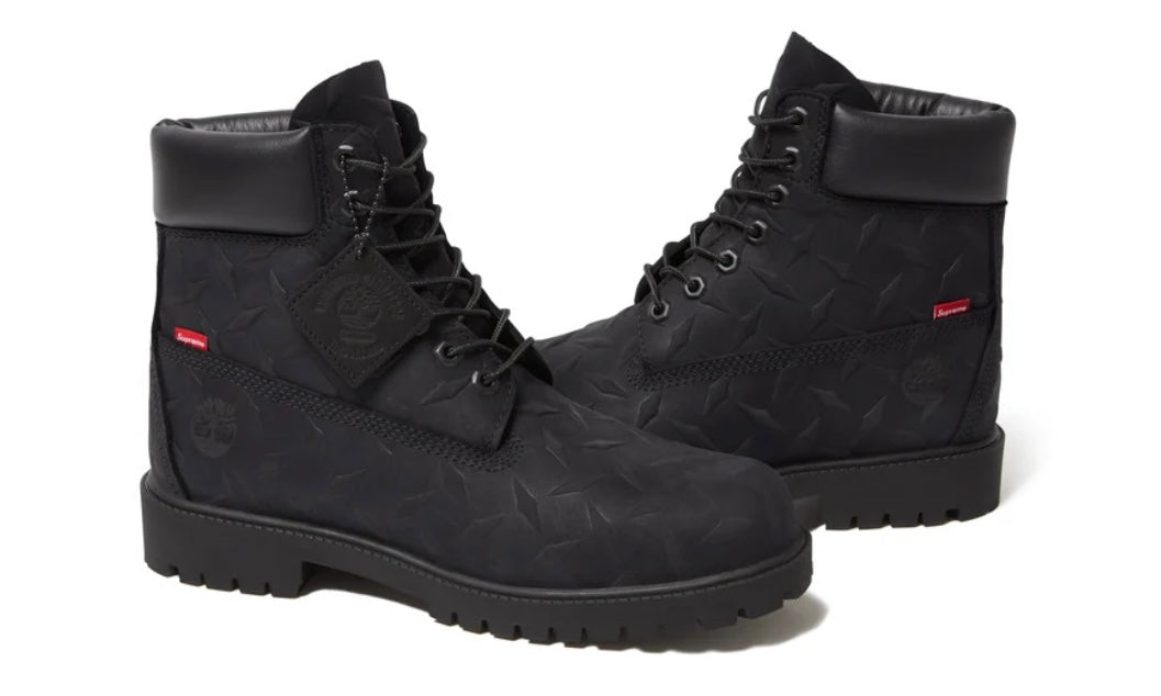 Timberland Supreme Black Diamond Plate 6" Boot, pair of black nubuck 6 inch boots with an embossed diamond plate pattern and red Supreme tabs