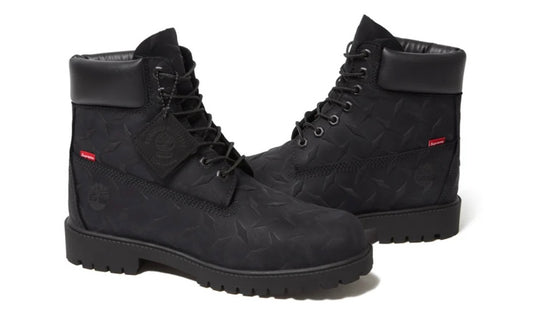 Timberland Supreme Black Diamond Plate 6" Boot, pair of black nubuck 6 inch boots with an embossed diamond plate pattern and red Supreme tabs