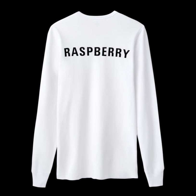 GV Gallery Kimbo Slice Thermal, back of the white long-sleeve thermal with RASPBERRY arched across the upper back