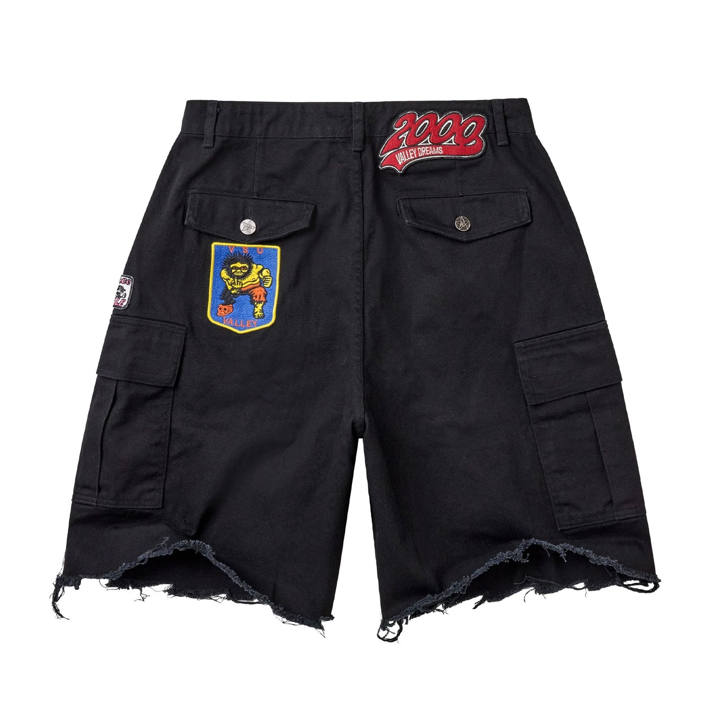 Vale Fest Black Cargo Jorts, back view showing two flap pockets, a red script patch at the waistband, a blue and yellow crest patch on the pocket and the raw frayed hem