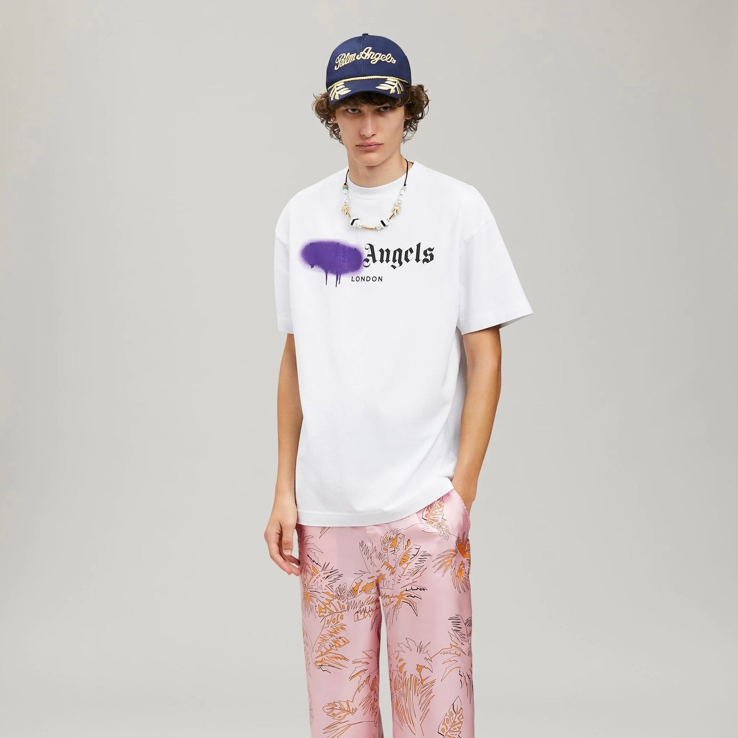 Palm Angels White Purple London Sprayed T-Shirt On Body Full