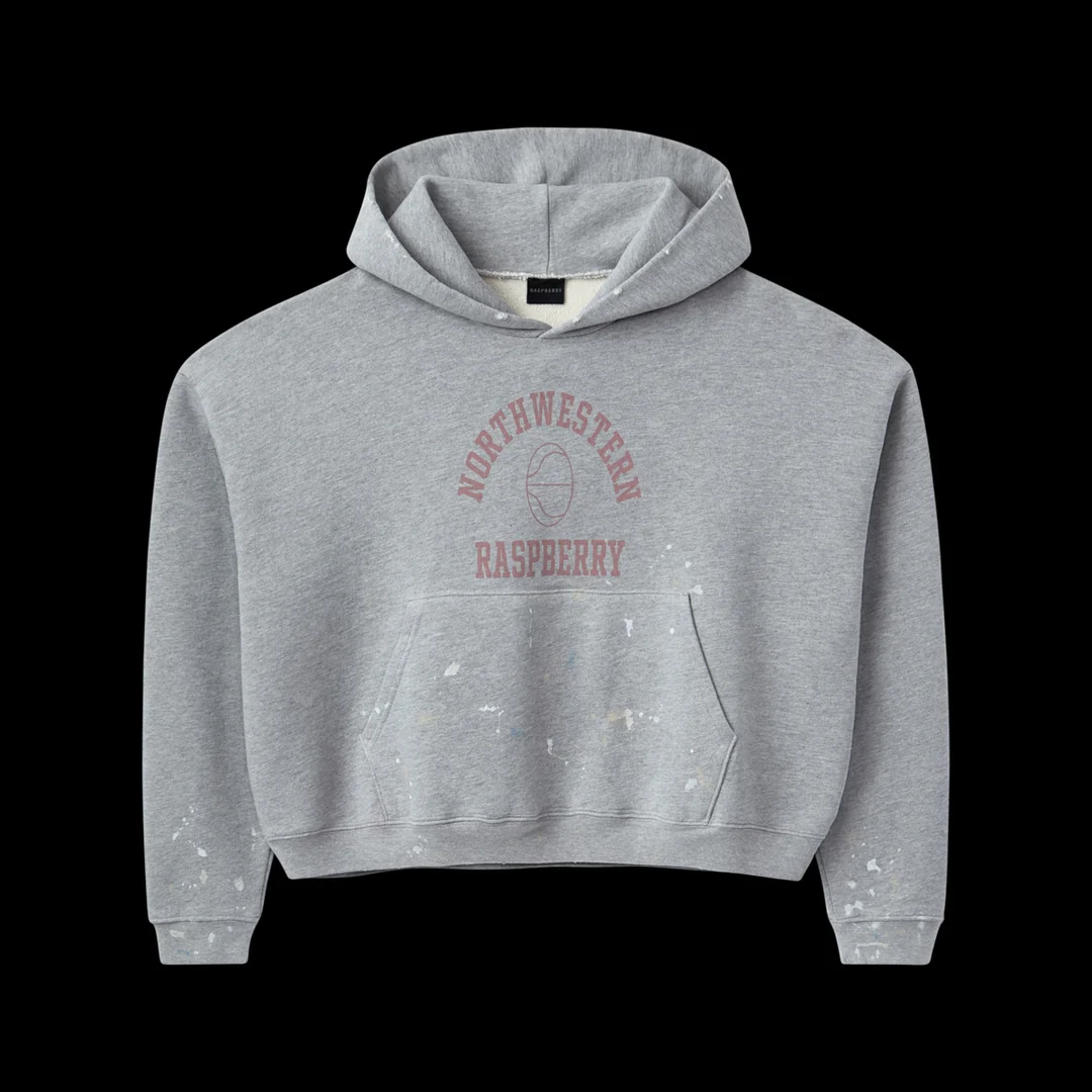 Heather grey hoodie with faded red NORTHWESTERN RASPBERRY collegiate chest print