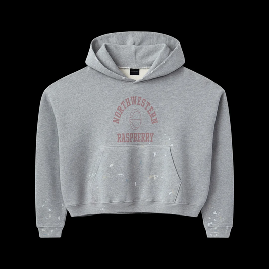 Heather grey hoodie with faded red NORTHWESTERN RASPBERRY collegiate chest print