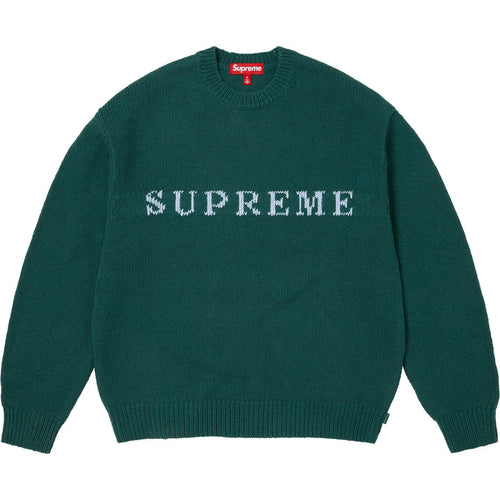 Supreme Pine Contrast Logo Sweater, dark green knit crewneck with pale blue letters knitted across the chest and a red box logo tag