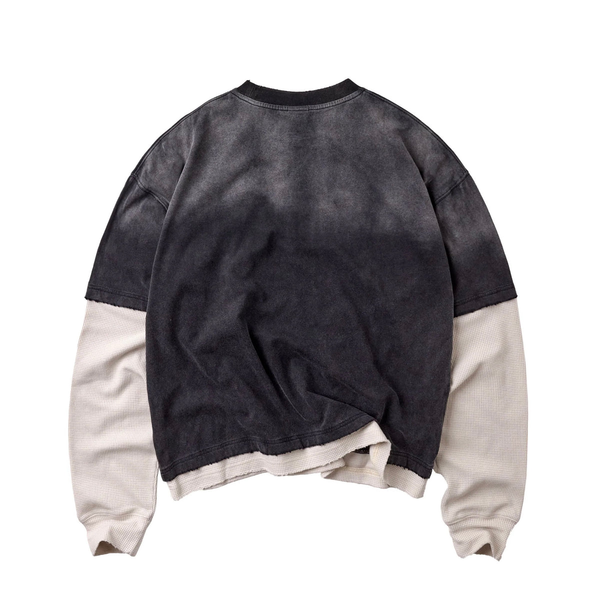 Back of washed black cropped crewneck with cream contrast sleeves and no print