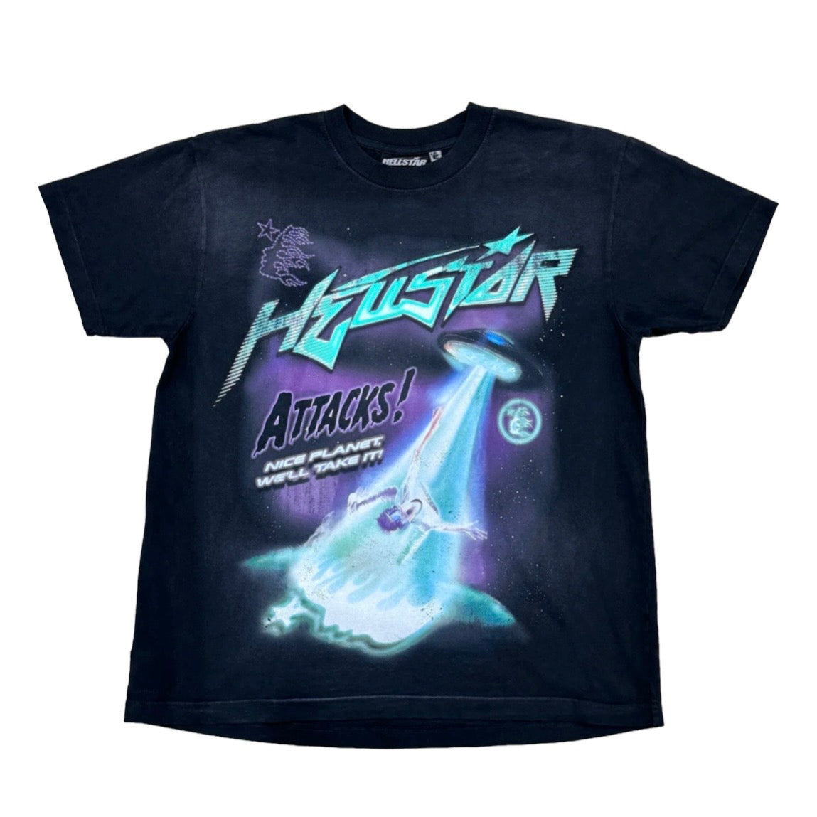 Hellstar Black Hellstar Attacks Tee front with teal UFO abduction art and Attacks lettering