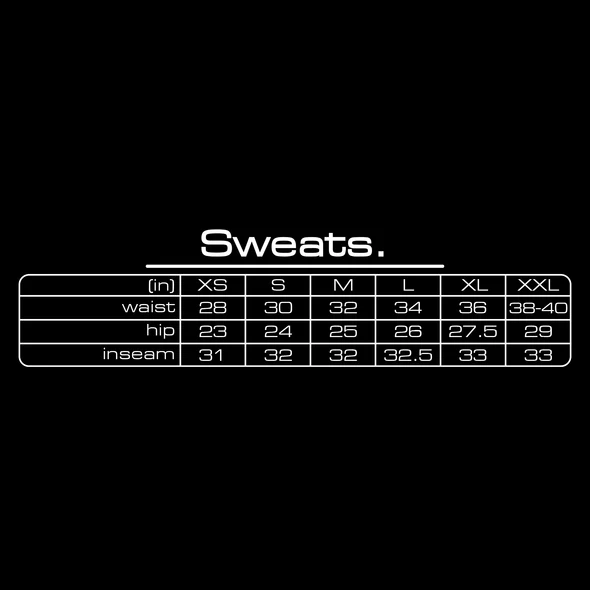Sweatpants size chart with waist, hip and inseam measurements in inches