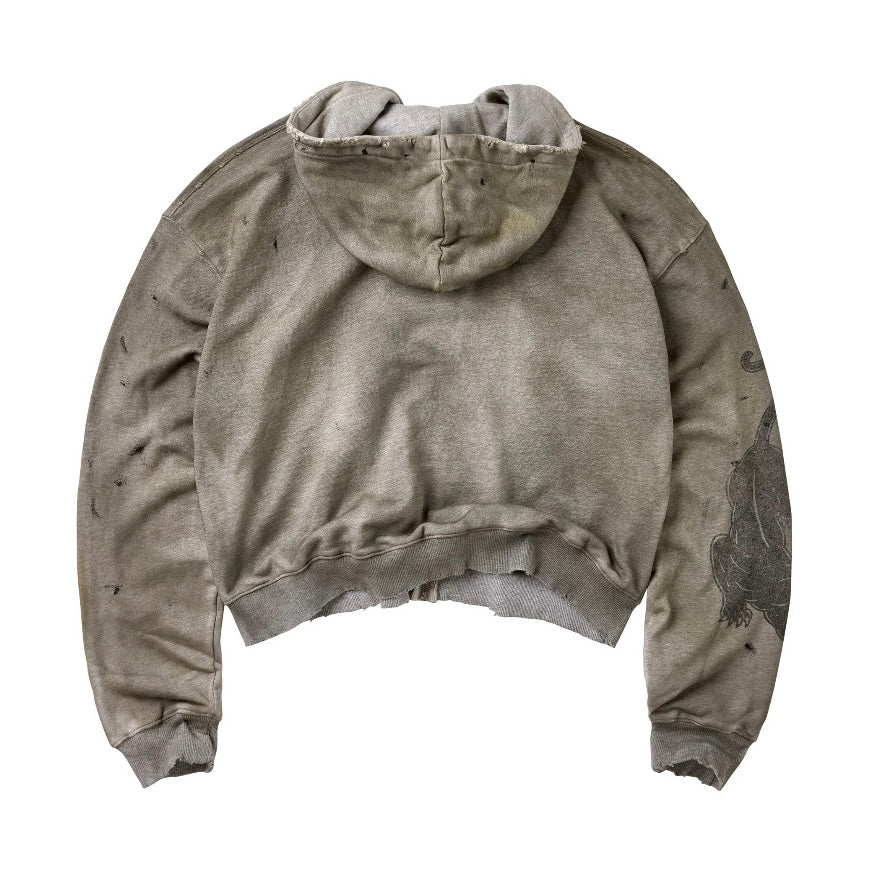 Vale Varsity Zip Hoodie back view in washed olive with a boxy cropped shape