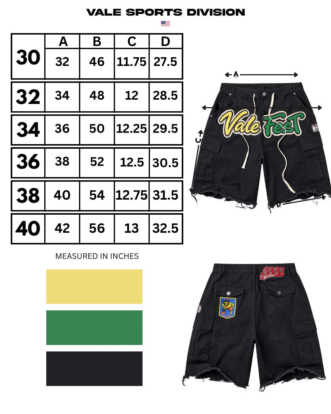 Vale Fest Black Cargo Jorts, Vale Sports Division size chart in inches covering sizes 30 to 40, with a measurement diagram and a yellow, green and black colour key