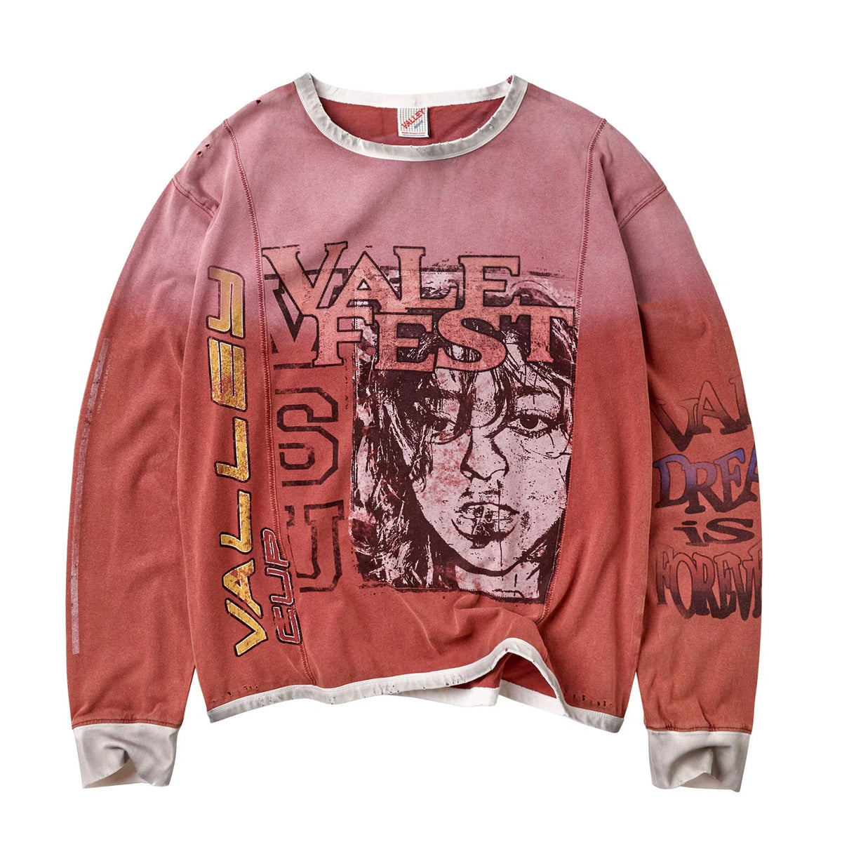 Vale Hot Mess Long Sleeve front - washed red with a VALE FEST print over a sketched portrait, cream ribbing
