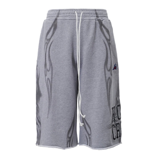 Hellstar Heather Grey Holy Cross 3/4 Shorts, grey knee-length shorts with tonal flames, white drawstring and hem lettering