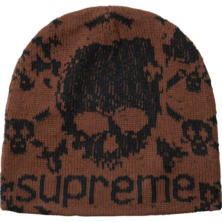 Supreme x Vanson skull beanie in brown with an allover black skull and crossbones knit and a large skull above the Supreme wordmark