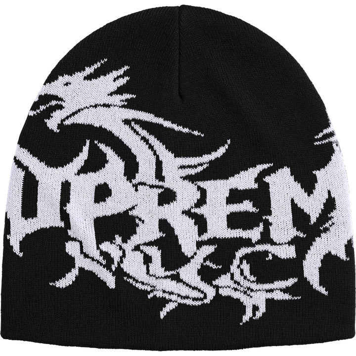 Supreme Dragon beanie in black with a white knit dragon wrapped around Supreme NYC lettering