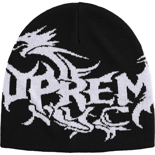 Supreme Dragon beanie in black with a white knit dragon wrapped around Supreme NYC lettering