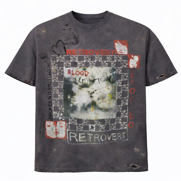 Retrovert Vintage Grid Grey T-Shirt, washed grey distressed tee with a grid-bordered photo panel and red BLOOD and RETROVERT text