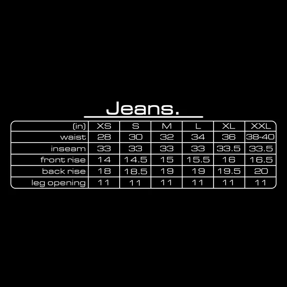 GV Gallery Painter Jeans size chart — black brand card with waist, inseam, rise and leg opening in inches