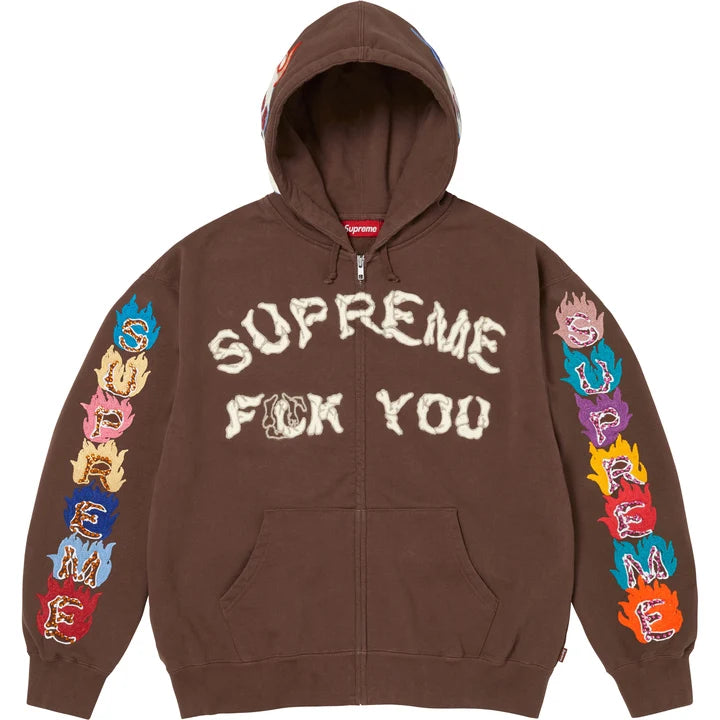 Supreme zip hoodie in brown with chain-stitched cream lettering across the chest and flaming letters running down both sleeves, front view