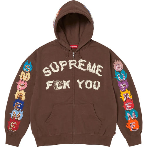 Supreme zip hoodie in brown with chain-stitched cream lettering across the chest and flaming letters running down both sleeves, front view