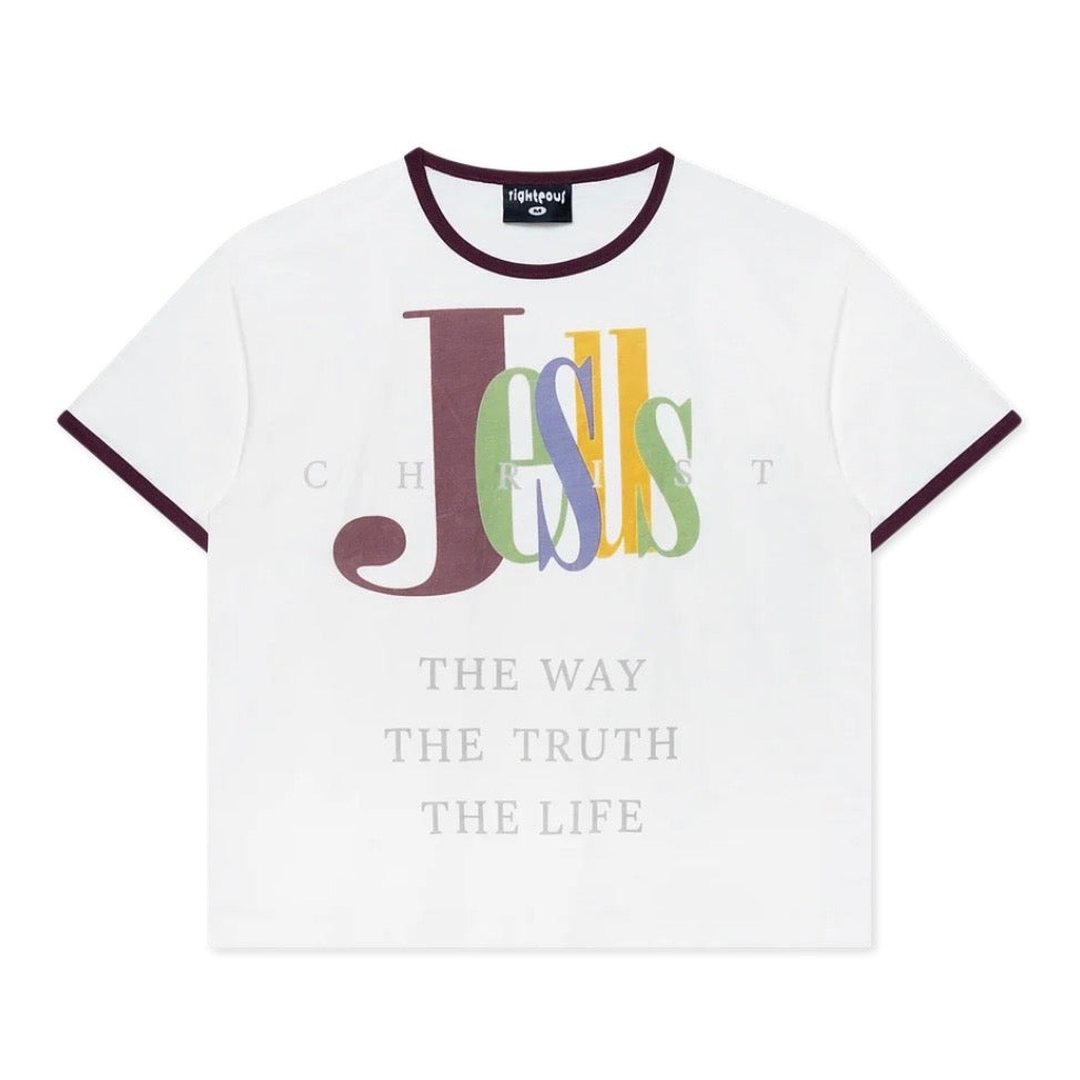 We Are Righteous The Truth Ringer Tee front with burgundy trim and a multicolour Jesus wordmark