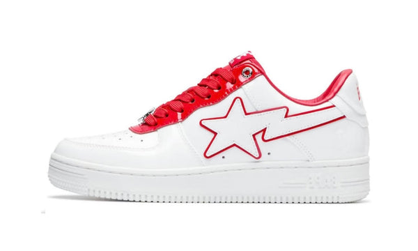 Bape Sta Patent Leather White Red, white patent low-top with a red-outlined star and red laces