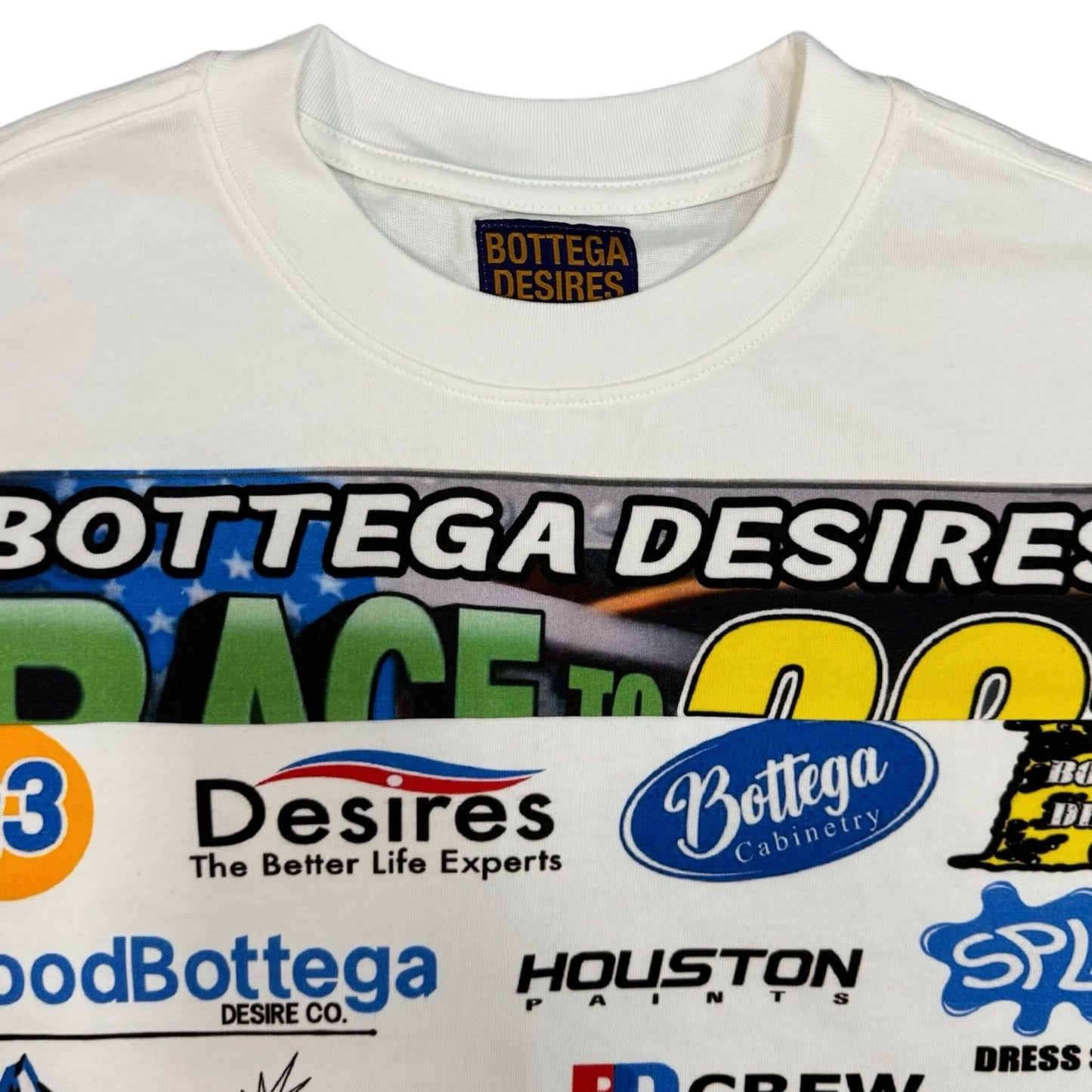 Bottega Desires White Race Nascar T-Shirt Close Collar