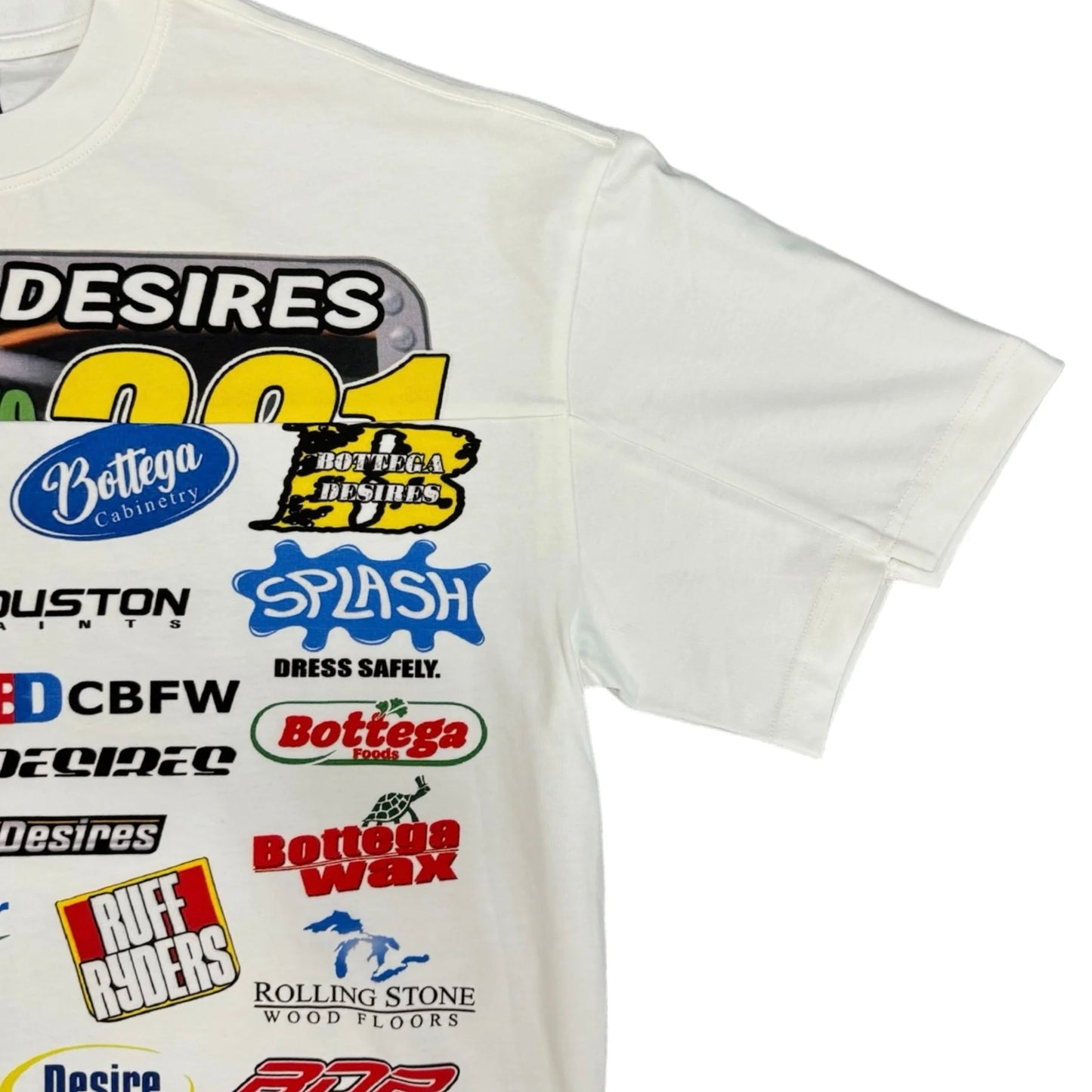 Bottega Desires White Race Nascar T-Shirt Close Left Sleeve