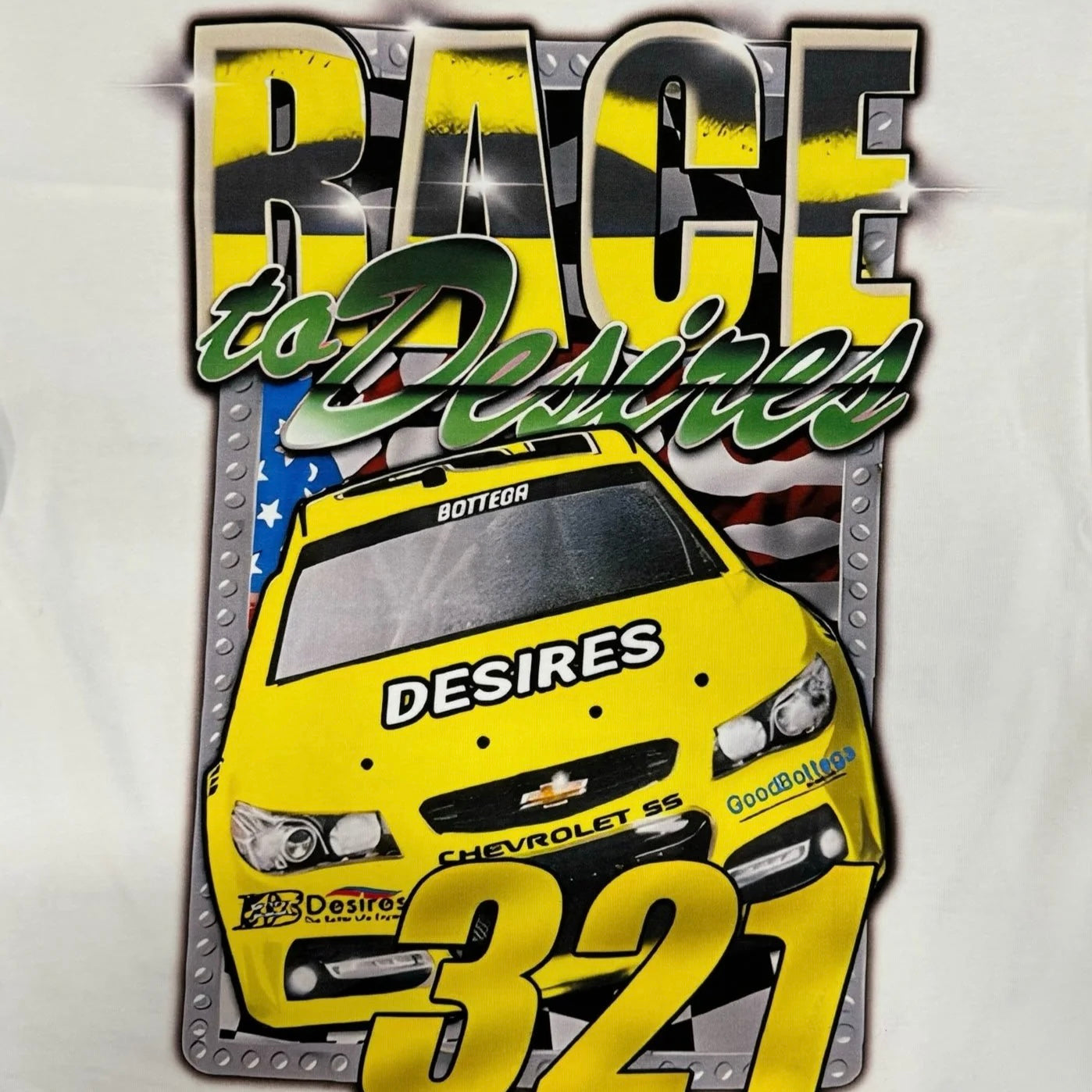 Bottega Desires White Race Nascar T-Shirt Close Front