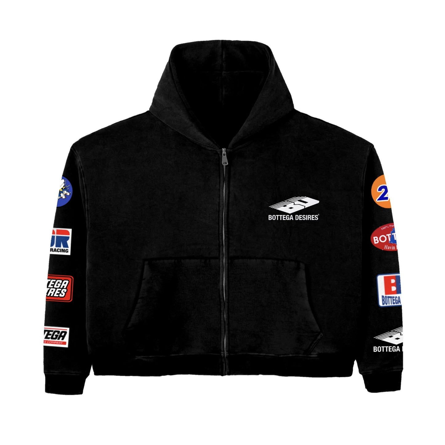 Bottega Desires Black Patches Zip Hoodie Front