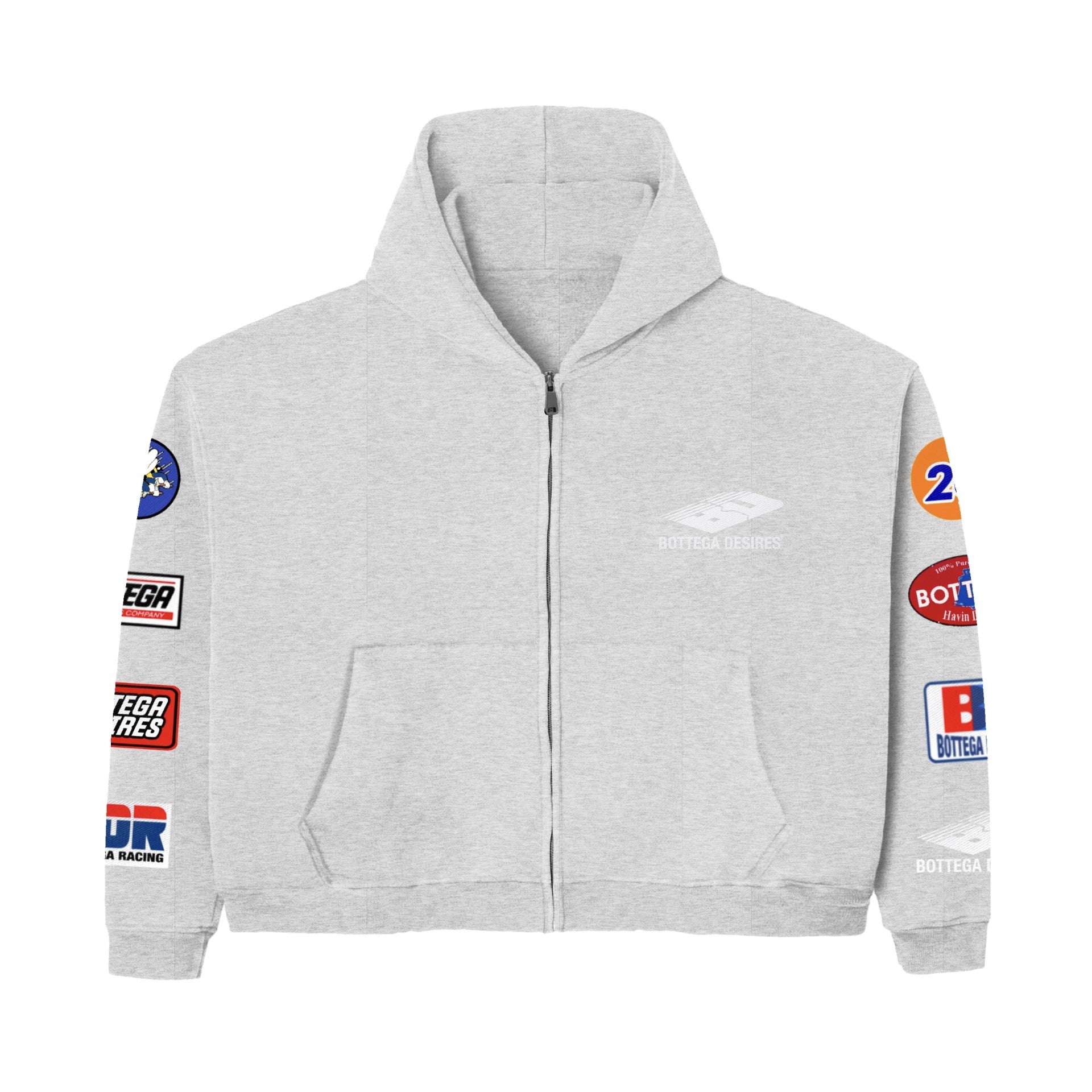 Bottega Desires Grey Patches Zip Hoodie Front