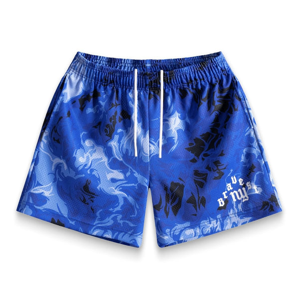 Bravest Studios Blue Inferno Shorts, royal blue shorts with a dark smoky flame print, white drawstring and small leg logo