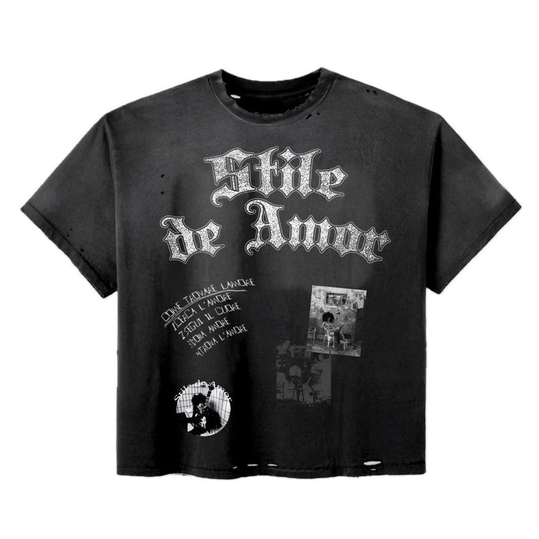 Stile De Amor Scuro tee in washed black with distressing, gothic Stile de Amor lettering, handwritten text and photo collage prints