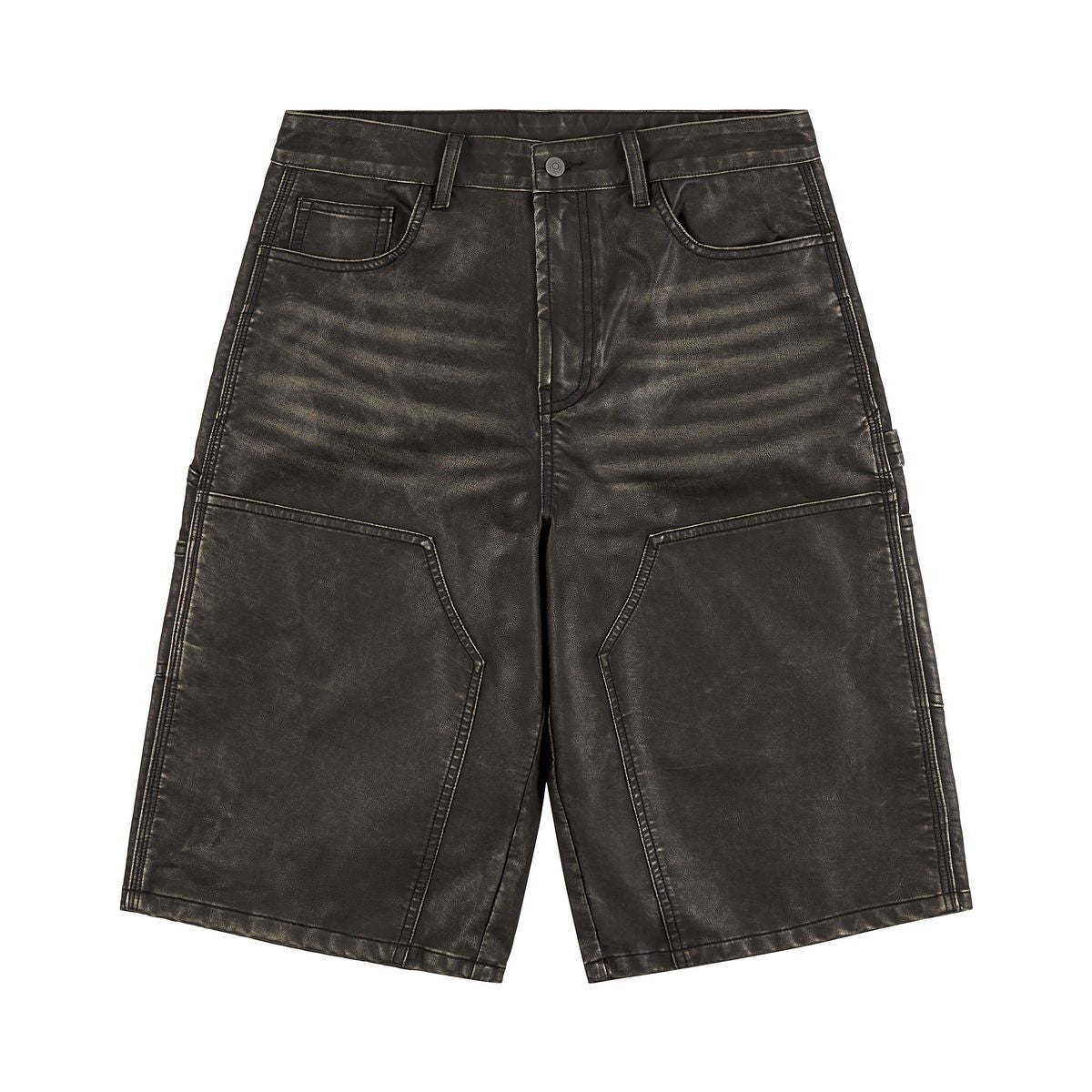 Boredom Kills Black Leather Shorts, distressed dark brown baggy knee-length shorts shown flat with five pockets
