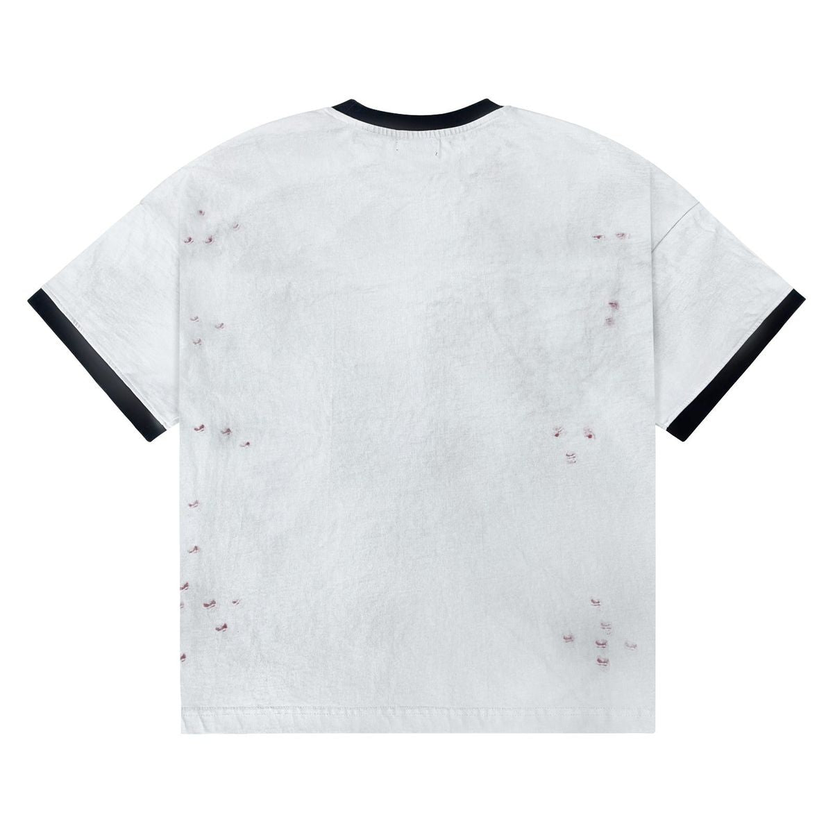Stile De Amor White Buon Vino T-Shirt, back view of the white ringer tee, plain apart from scattered red splatter print, with black collar and cuff trim