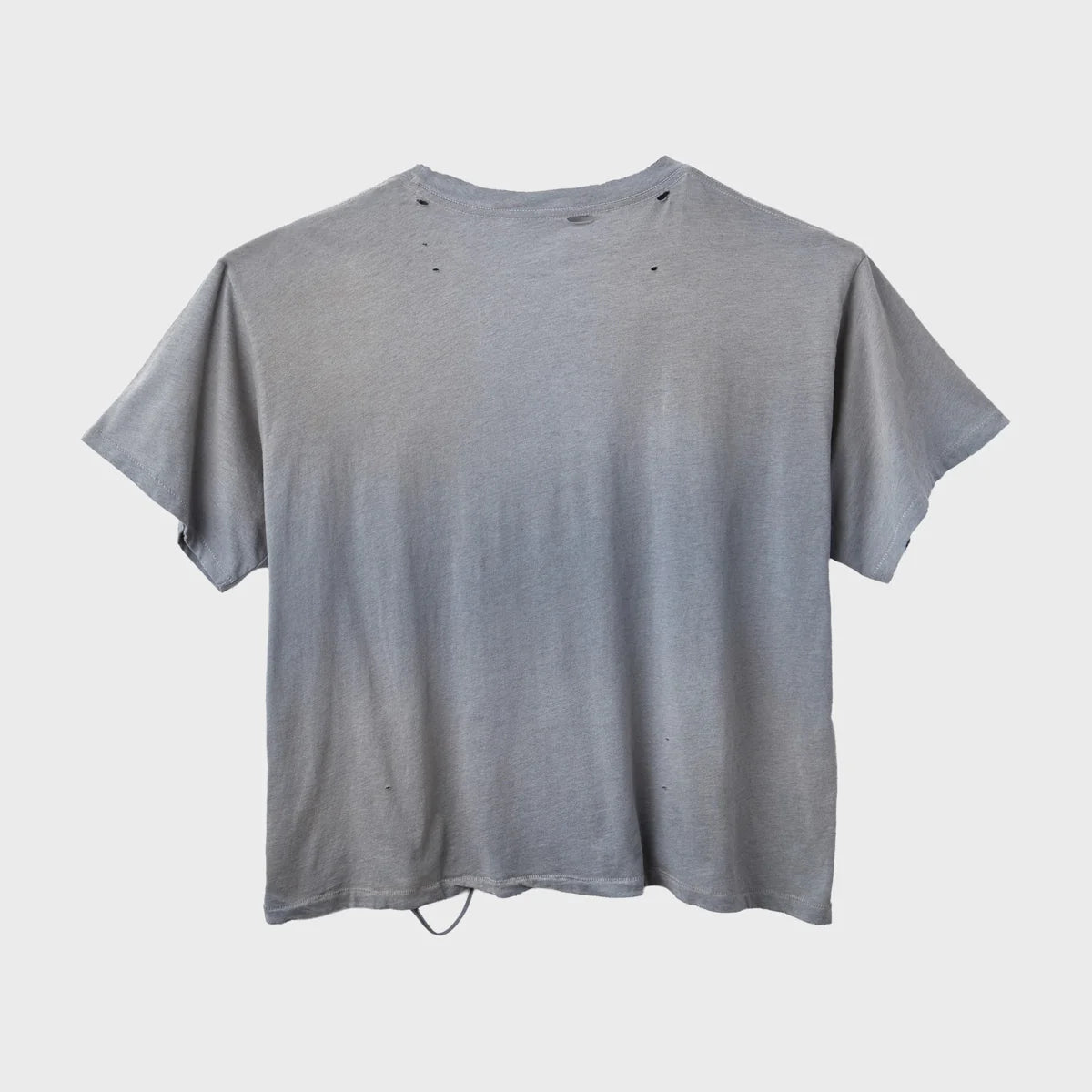 Back of the faded grey HMDD MSU tee, plain with small distressed holes