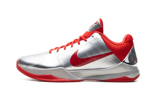 Nike Kobe 5 Protro Caitlin Clark Rookie of the Year, side view of a metallic silver low-top with red Swoosh and red collar