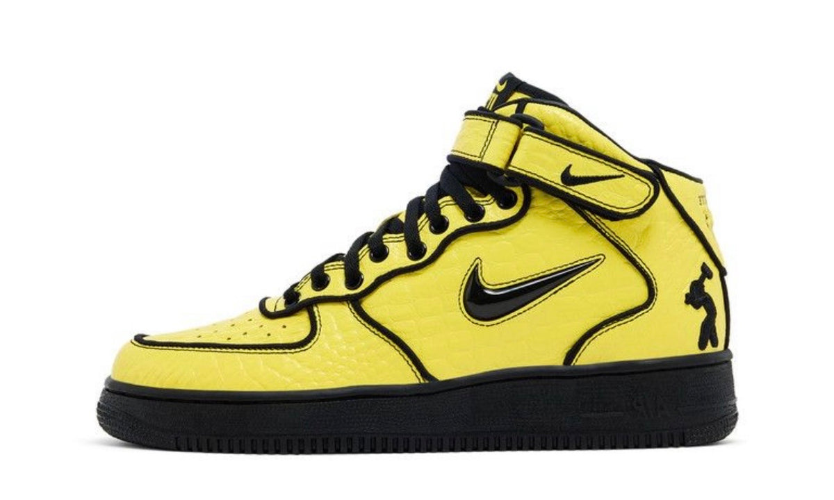 Nike Air Force 1 Mid Lil Yachty Concrete Boys Opti Yellow, lateral side of the AF1 Mid in opti yellow textured leather with black piping, black Swoosh and a dancing figure graphic on the heel