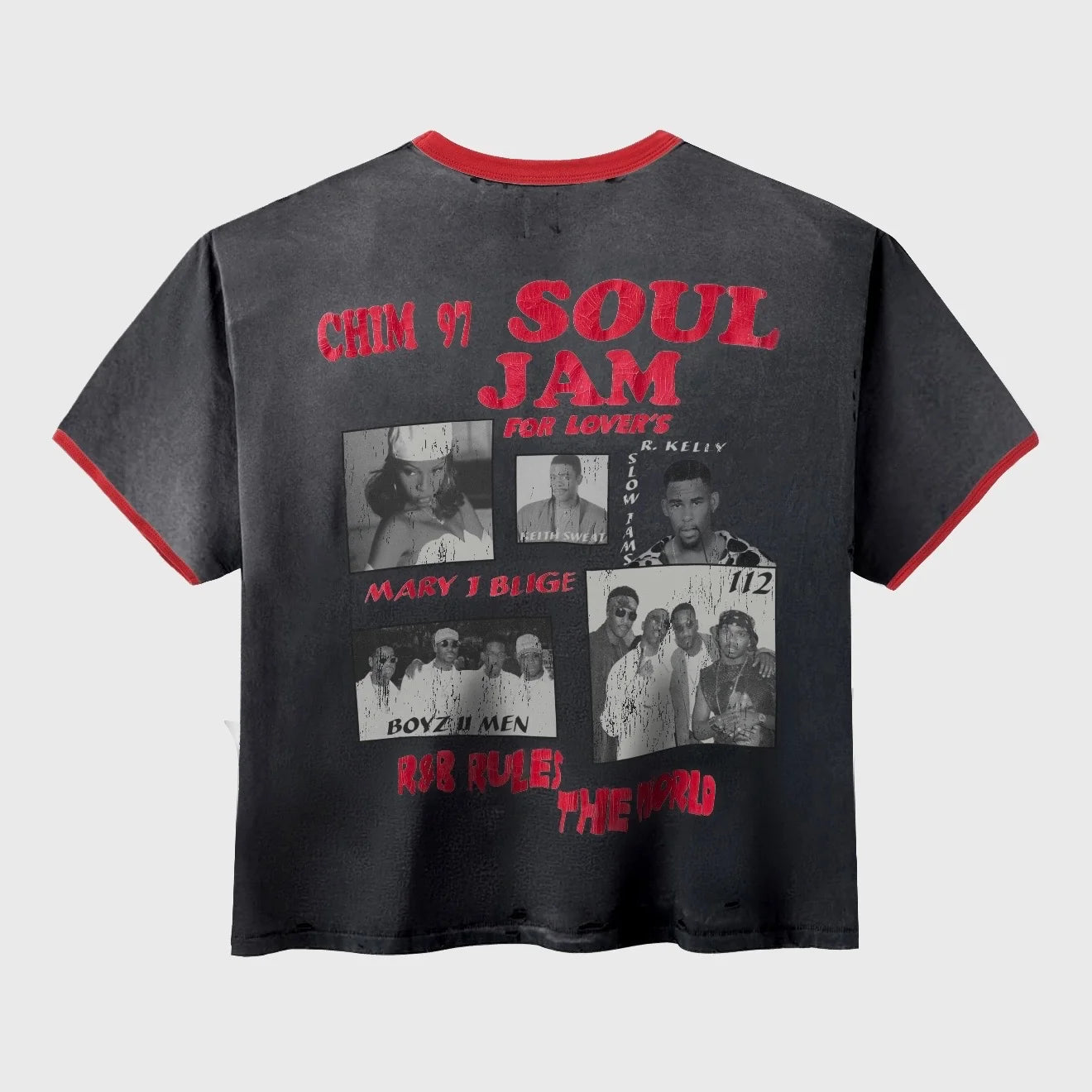 HMDD Black R&B Wringer T-Shirt, faded black tee with a large red SOUL JAM concert-poster print and photo panels